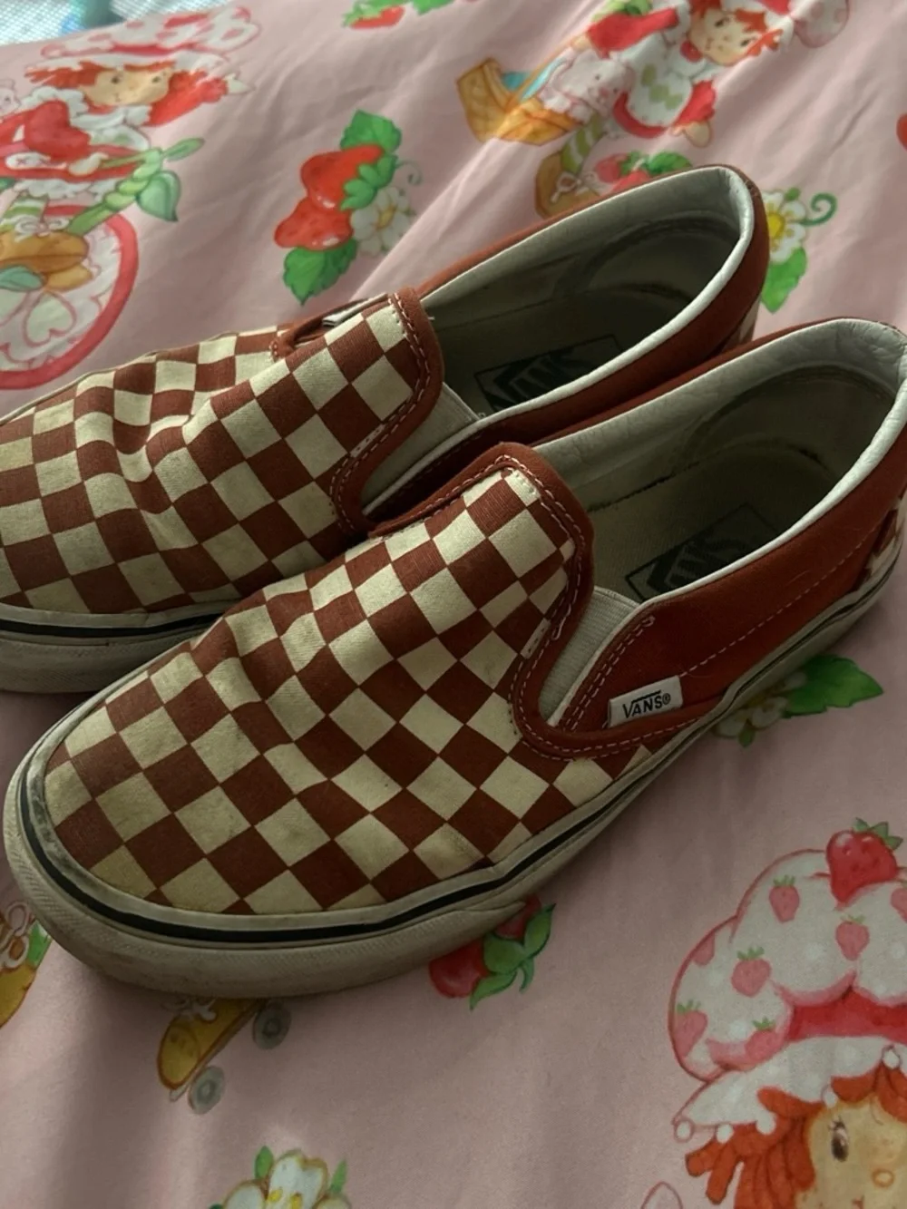Vans Slip-On Checkerboard Sneakers in Red and White